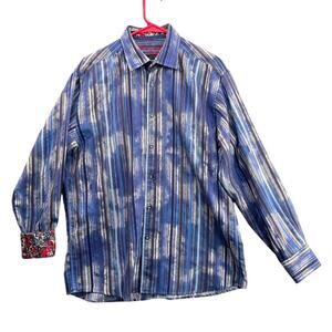 Luchiano Visconti Black Blue Stripe Red Floral Button Down Dress Shirt Men L